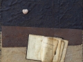 Memorie, ferro corroso, juta, libro e sasso su tavola, 70x70, 2013